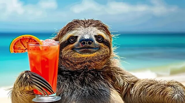 sloth with a cocktail on the background of the sea beach