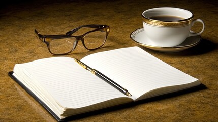 Naklejka premium Open notebook, pen, glasses, and coffee on table