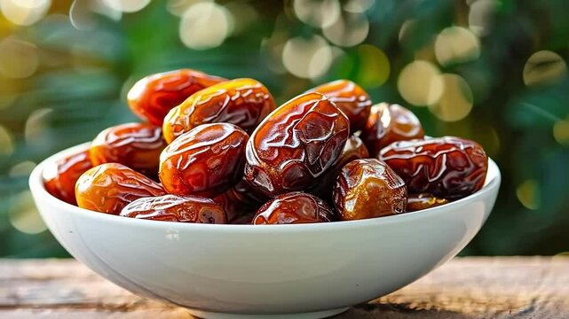 dates in a white bowl on a wooden table