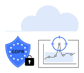 Shield with GDPR label, lock icon, analytics graph with targeting symbol, and a cloud. Ideal for data privacy, cybersecurity, cloud security, compliance, analytics risk management abstract line