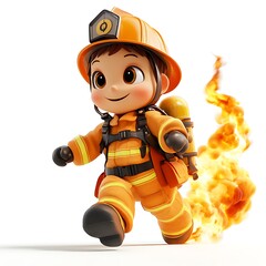 Brave firefighter character running through flames cartoon style studio view