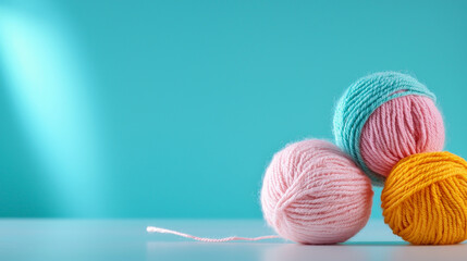 Three colorful yarn balls on smooth surface against turquoise background