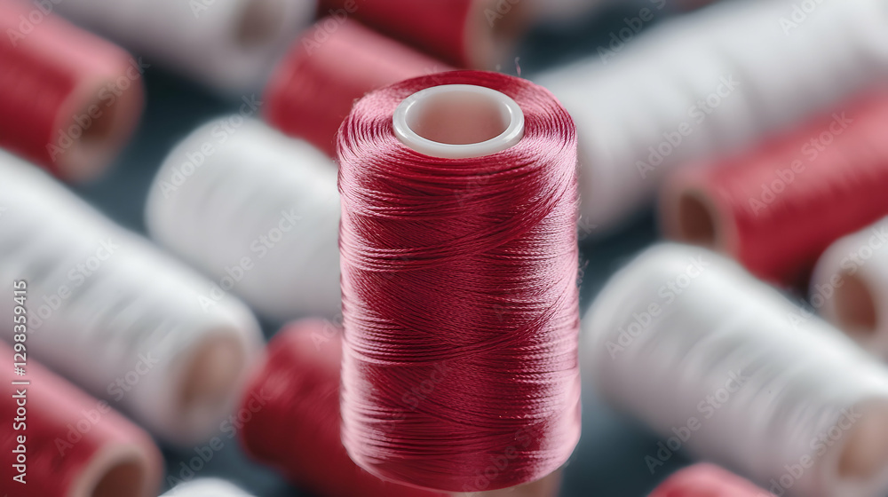 Poster close up of red thread spool with white and red spools on blurred background