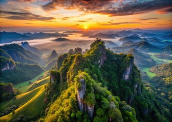 Fototapeta premium Thailand's Ban Pa Pong Pieng: a stunning aerial sunrise panorama from the mountain peaks.