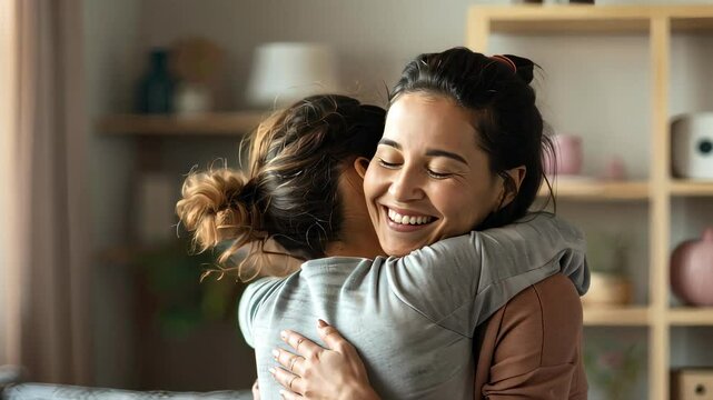 Happy daughter hugs middle-aged mother