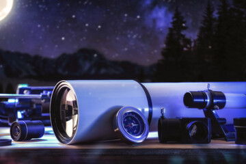 Telescope on tripod pointing at a starry sky at dusk