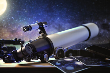 Telescope on table pointing at a starry sky at night