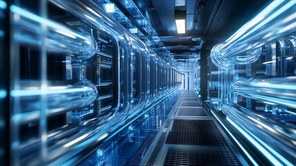 Fototapeta premium A liquid-cooled data center with transparent cooling tubes, realistic, very detailed