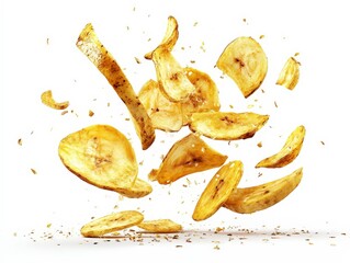Fresh Crunchy Banana Chips Floating in Air on White Background