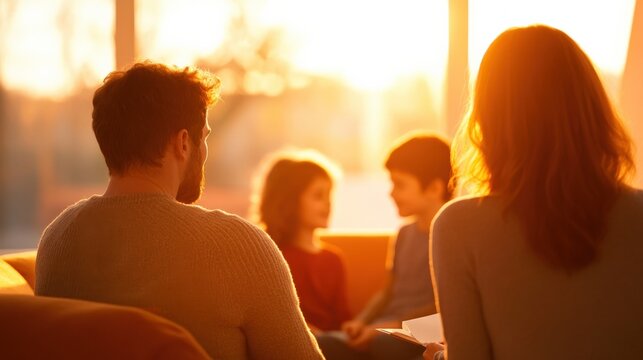 Family therapy session with sunset lighting.