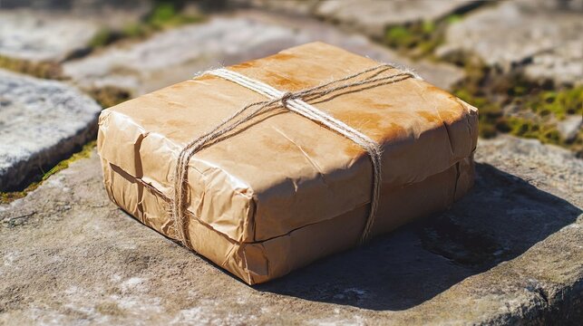 Rustic package on stone path, sunlight
