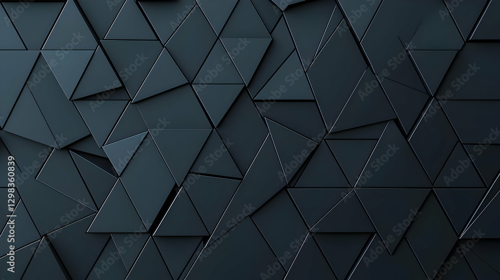 Poster dark blue abstract triangular geometric pattern with illuminated edges on black surface