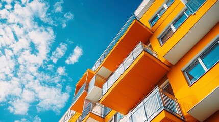 Obraz premium Vibrant Yellow Apartment Building Against a Bright Blue Sky