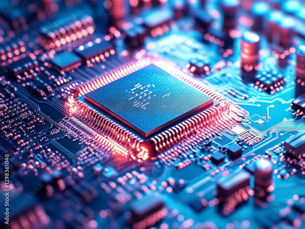Poster close-up view of circuit board with central processing unit glow