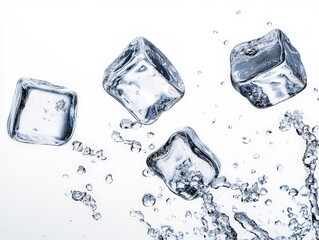 Obraz premium Ice Cubes Splashing in Clear Water with Bubbles and Ripples