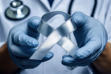 Silver Awareness Ribbon Held by Medical Professional with Stethoscope