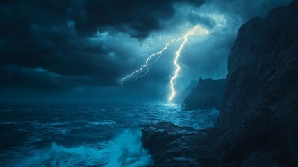 Fototapeta premium A dramatic lightning bolt hitting a rocky cliffside overlooking a turbulent sea 