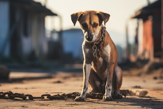 homeless abandoned unhappy dog on a chain