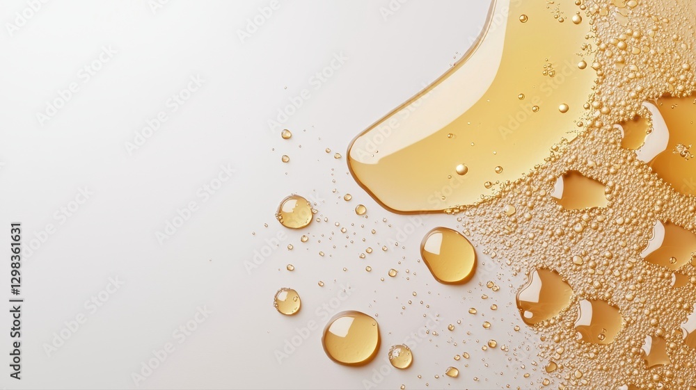 Poster close-up of golden liquid droplets on a smooth surface, showcasing texture and movement in a refresh