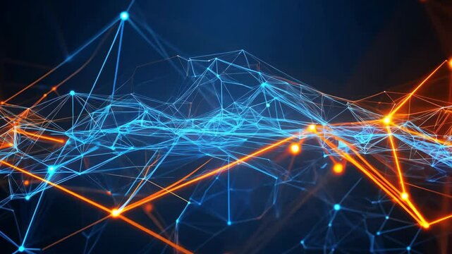 Glowing blue neural network with interconnected nodes and lines forming an abstract artificial intelligence system, representing big data analysis and machine learning, concept of cybersecurity, finte