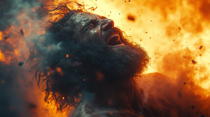 Dramatic Portrait of a Bearded Man Screaming Amidst Fire and Smoke  