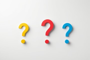 three question marks on a white surface with a red one and a blue one
