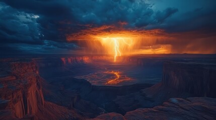 A dramatic lightning strike over a dark, stormy canyon landscape 