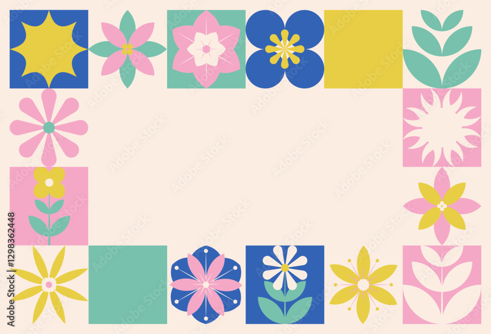 Aufkleber Geometric Frame in naive style with plants and flowers. Copy space. Vector template in swiss style.