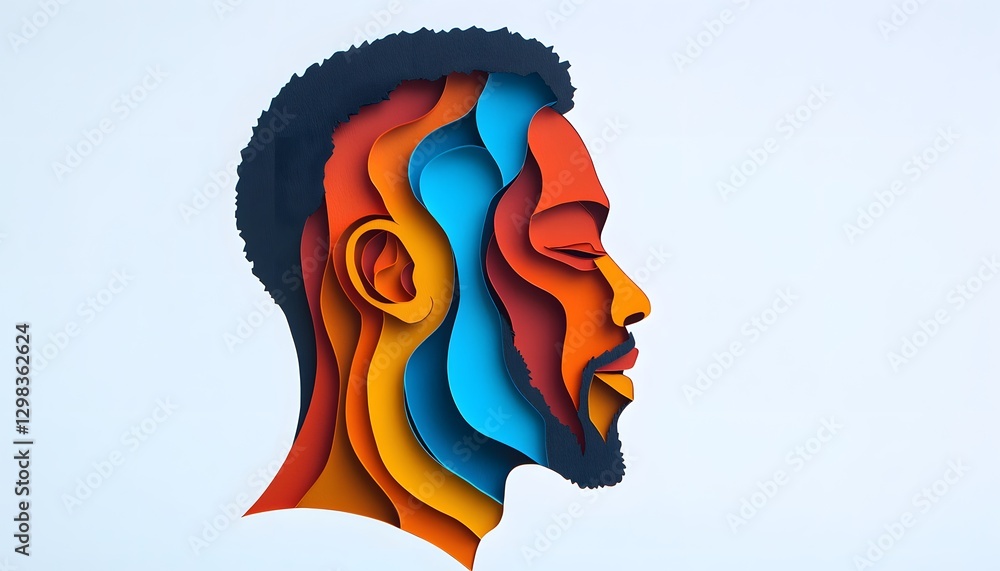 Poster man s profile rendered with layered colorful paper art style