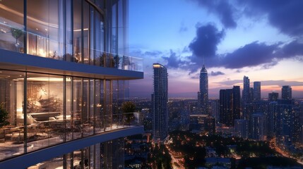 Modern skyline view from luxury apartment balcony at dusk