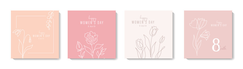 Elegant Women's Day poster set with floral line art. Minimalist one-line designs for March 8 and Mother’s Day cards. Stylish templates featuring delicate flowers and modern feminine aesthetics.