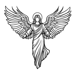 Obraz premium Bold Vector Line Drawing of Angel with Spread Wings, High-Contrast Black Outline