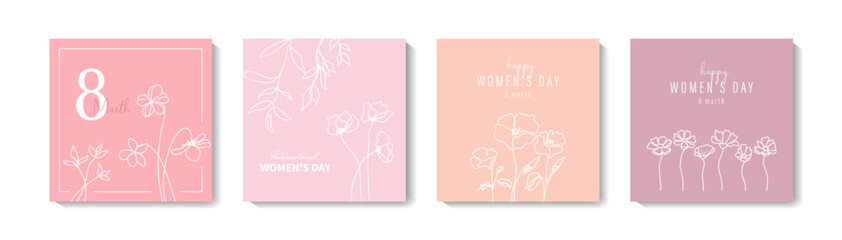 Set of elegant Women's Day posters with floral line art. Minimalist one-line design for 8 March and Mother’s Day greeting cards. Stylish templates with delicate flowers and modern feminine aesthetics.