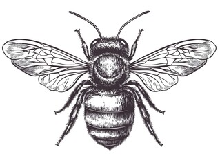 Obraz premium Simple Line Art of a Bee in Woodcut Style, Bold Black Lines, 