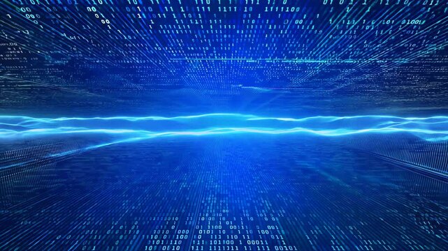Flowing blue digital wave with binary code flowing in a futuristic cyber landscape, representing data transmission and artificial intelligence in technology, concept of cybersecurity, fintech, innovat