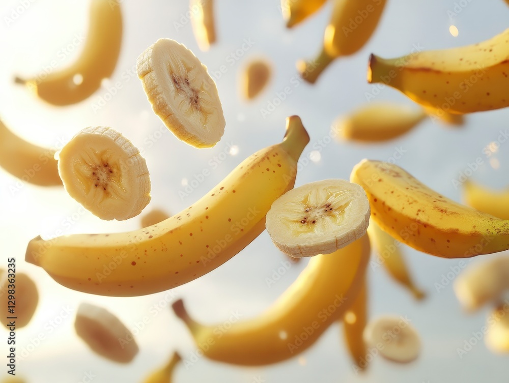 Poster fresh bananas and sliced fruits floating in the air with light background