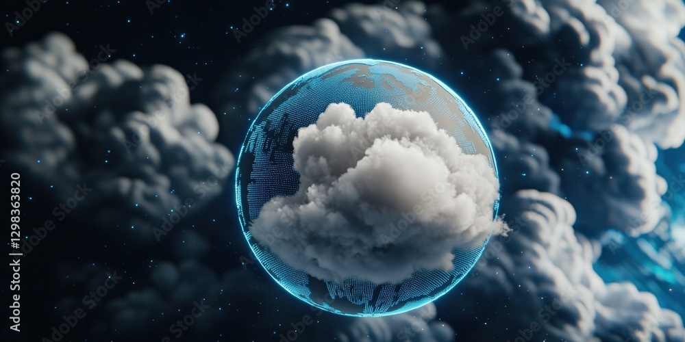 Poster science meteorology analysis concept. surreal cloud globe floating in a dark atmospheric backdrop.