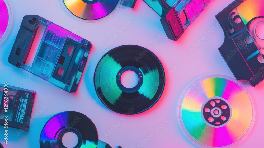 Aufkleber Colorful collection of vintage music media displayed on a surface with vibrant lighting at an indoor location. Generative AI