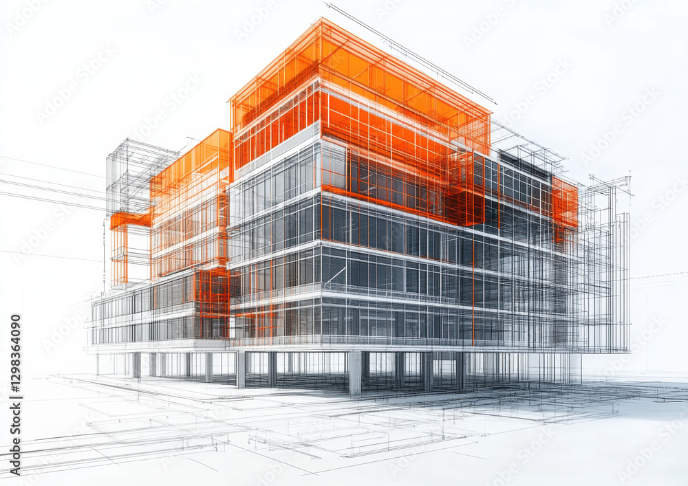 Poster this blueprint displays a modern building design with vibrant orange sections, highlighting structur