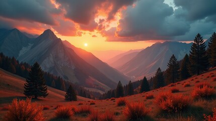 Fototapeta premium Dramatic sunset illuminates serene mountain landscape.
