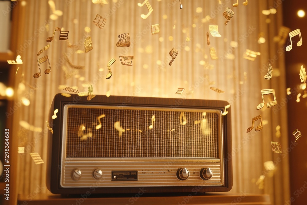 Poster Vintage radio surrounded by floating music notes creating a nostalgic atmosphere in a cozy setting. Generative AI