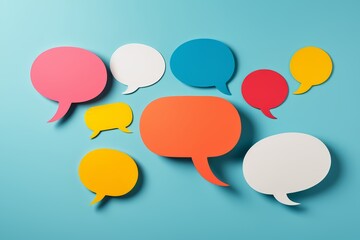 several different colored speech bubbles are arranged on a blue background