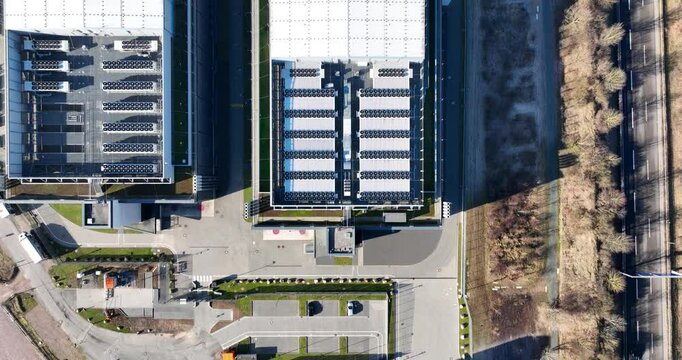 Data centers, computer centre, infrastructure for quantum computing, machine learning, AI, internet technology. Aerial views, Russelheim, Germany