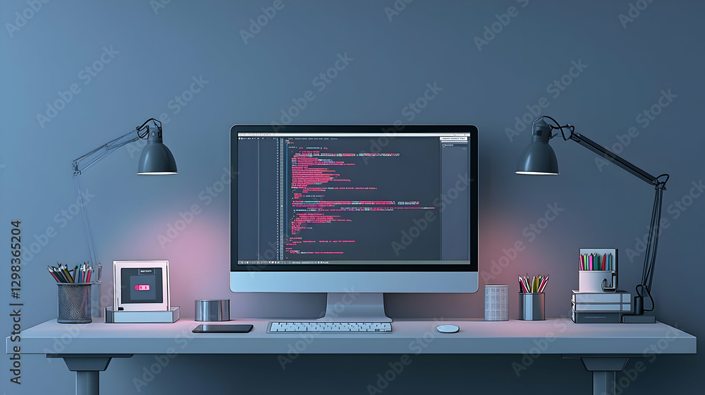 Poster modern minimalist workspace with computer screen and desk lamps on a blue background