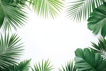 Fototapeta premium Tropical Palm Leaves Frame on White - Lush green palm leaves arranged in a frame on a white background. Symbolizing: summer, vacation, paradise, nature, tranquility