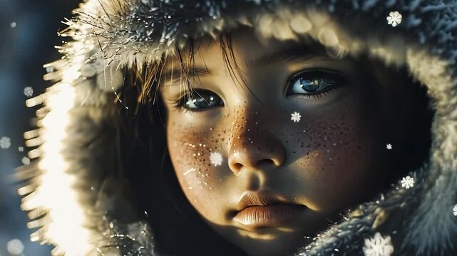 Young girl with snowflakes on her face. Girl with a dark background and a child. A yakut fur coat with fur. A young girl with snowflakes adorning her lifestyle face.