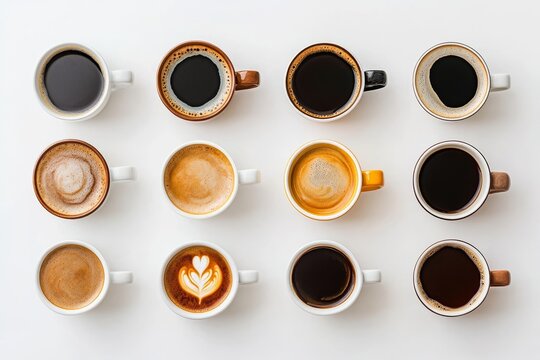 Twelve Cups of Coffee Variety on White - A delightful assortment of twelve coffee cups showcasing various coffee types, from espresso to latte art, symbolizing morning routine, energy boost