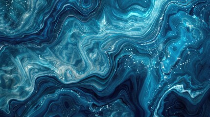 Obraz premium Abstract fluid art showcasing swirling blue and teal patterns with shimmering highlights, evoking tranquility