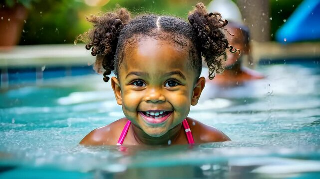 Blak African American child swimming in pool