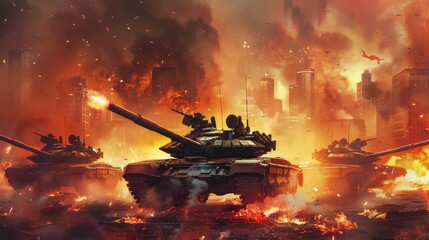 Dramatic scene of tanks advancing through a fiery cityscape with explosions and smoke in the background